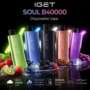 IGET Soul B40K 40000 Puffs Disposable Vape with 1400mAh battery, dual mesh coil and digital display
